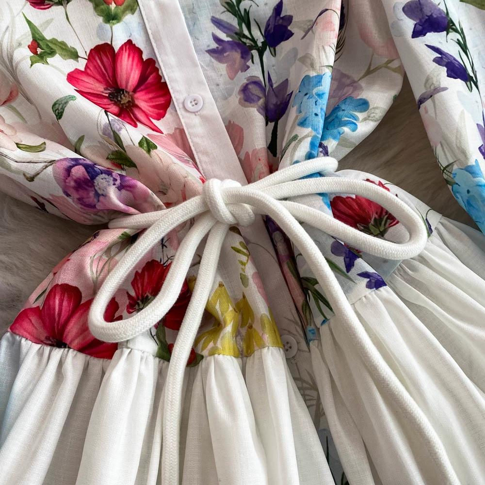 Весна Осень Женские Винтажные Дворцовые Принты Подиумные Платья Рубашка С Отложным Воротником Длинные Макси Праздничные Платья Для Вечеринок