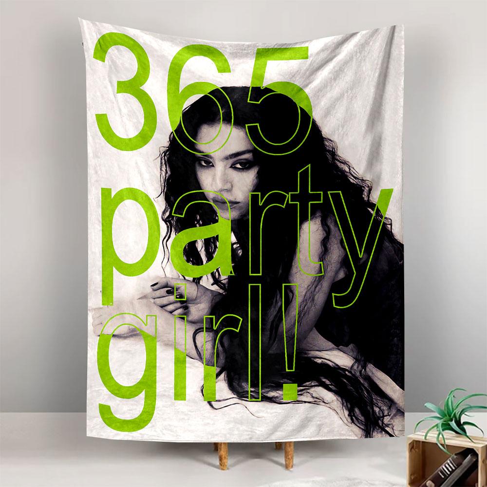 Bold green text "365 party girl!" over a grayscale portrait of a woman. Patterned tapestry for bedroom and living room home decor