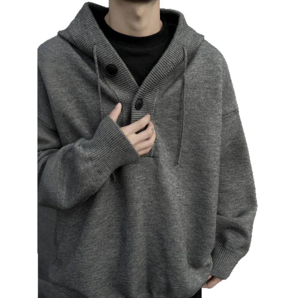 Men's Gray Hooded Knit Sweater - Retro Loose Fit Casual Autumn/Winter Outerwear
