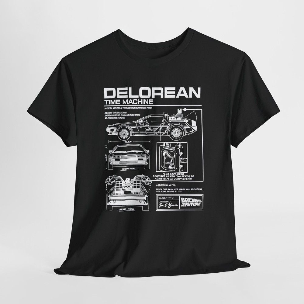Unisex shirt Cotton Oversize Large Size Men's Back to the Future DeLorean Blueprint T-Shirt - Time Machine Technical Art
