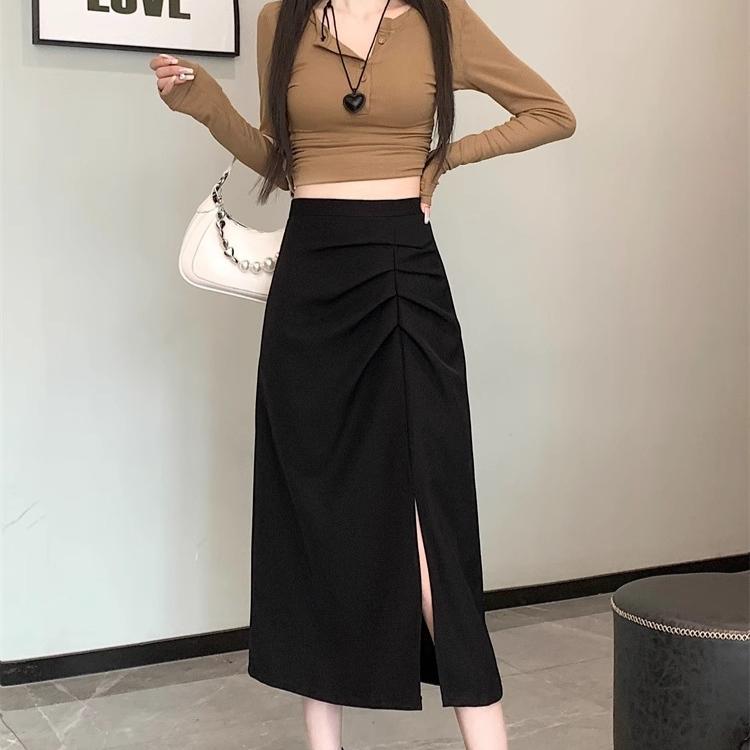 Юбки миди однотонные плиссированные элегантные корейские весенне-летние уличные повседневные юбки женская одежда