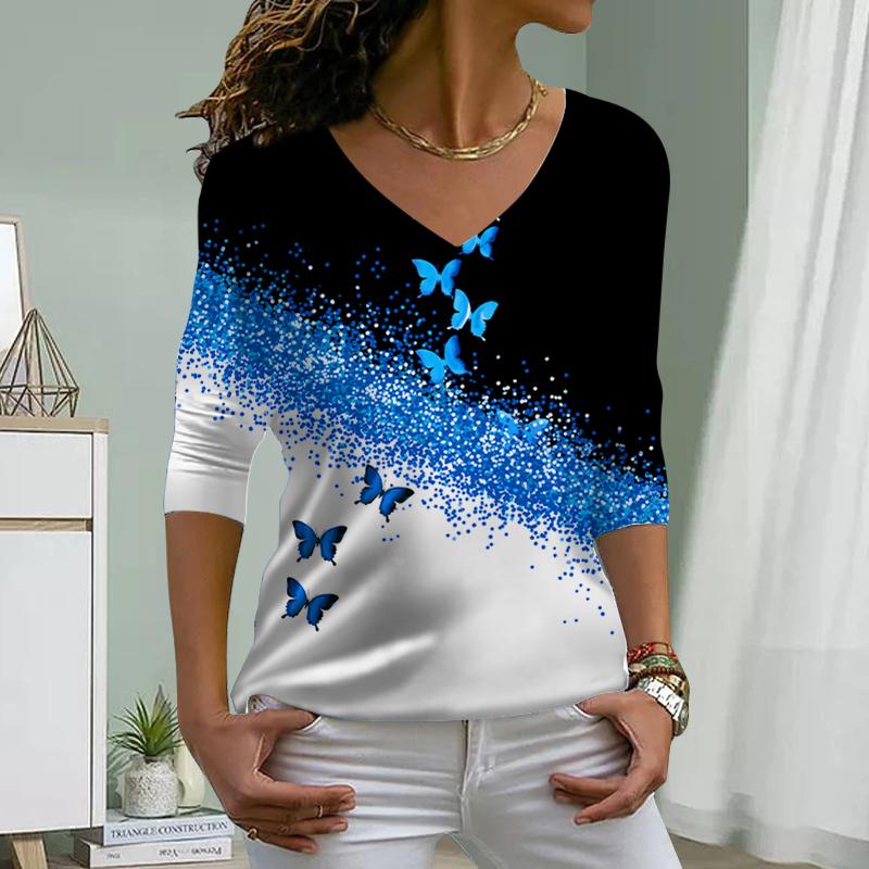 Oblique Butterfly Print Women Tshirts Ladies Tops Long Sleeve V-neck Pullover Femme T-shirts T Shirt For Women