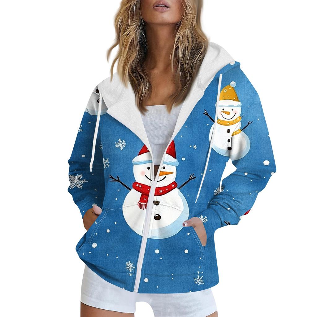 Женская рождественская печатная толстовка осень-зима с длинным рукавом кардиган куртка с карманами на молнии толстовка с капюшоном верхняя одежда