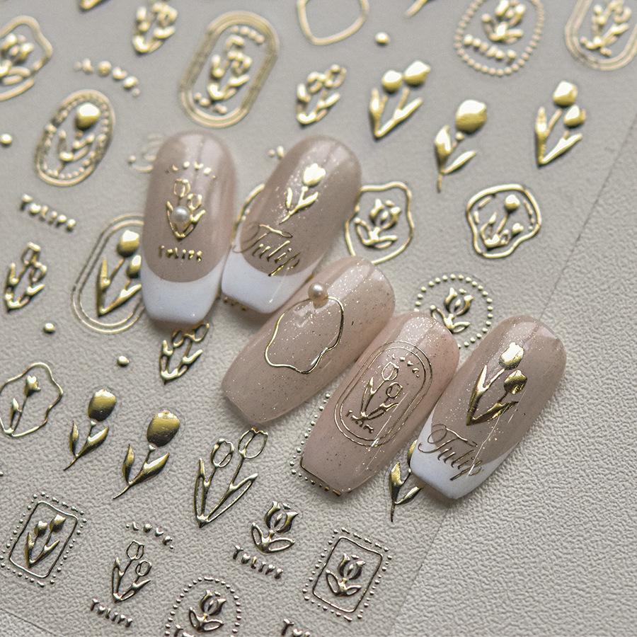 5D Gold Stamping Butterfly Vintage Border Nail Art Stickers Hearts Stars Moon Shiny Metal Elegant Self Adhesive Manicure Decal