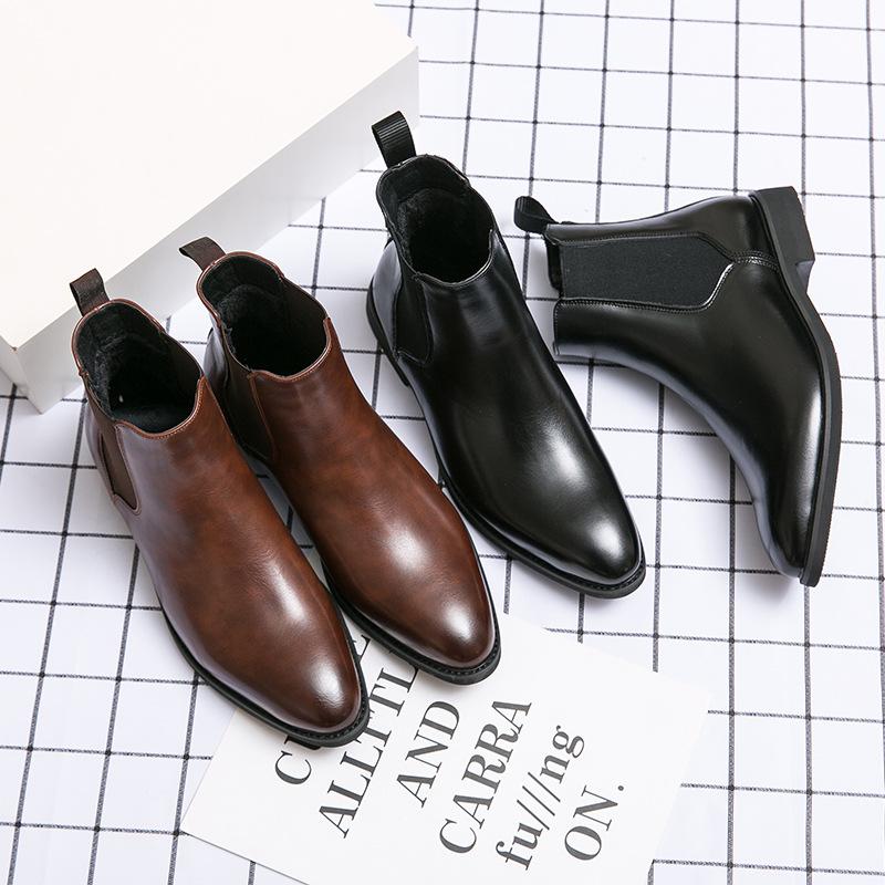 Fashion British Style Autumn Winter Velvet Men's Leather Boots Fashionable Chelsea Boots Business Dress Boots