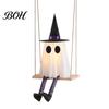 Glowing Wizard Hat Ghost Props Halloween Hanging Swinging Decoration, Spooky Light Up Swing Adjustable Height Ornaments with Witch for Outdoor