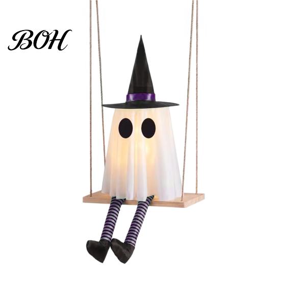 Glowing Wizard Hat Ghost Props Halloween Hanging Swinging Decoration, Spooky Light Up Swing Adjustable Height Ornaments with Witch for Outdoor