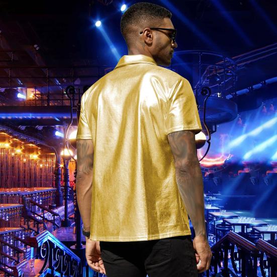 Летняя мужская рубашка с глянцевой поверхностью и отложным воротником, однобортная с короткими рукавами, свободный однотонный топ для вечеринки, ночного клуба, танцевальной уличной одежды