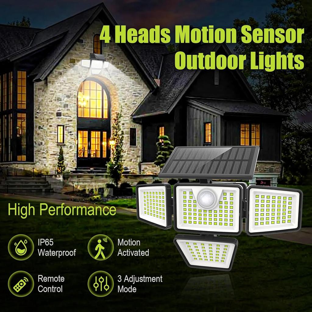 300 светодиодных солнечных светильников с датчиком движения, 233 светодиодных солнечных светильника для улицы, 3/4 регулируемые головки, водонепроницаемые IP65, светодиодный прожектор для безопасности