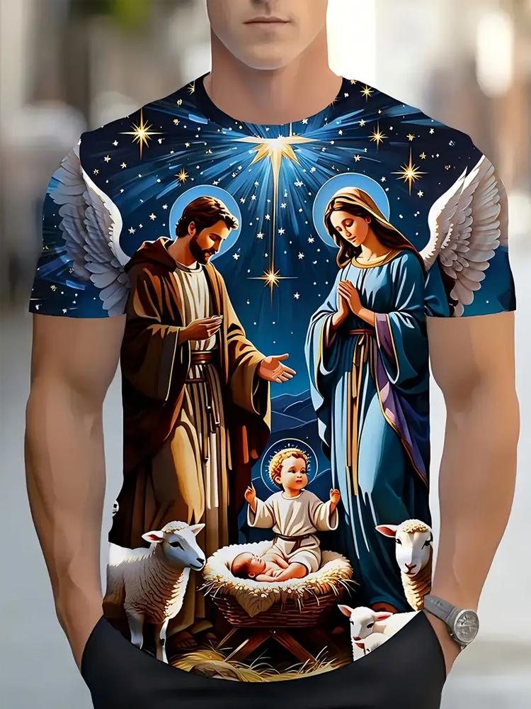 Men's 3D Print Jesus and Virgin Mary T-Shirt Casual Crew Neck Short Sleeve Tops Summer Knit Polyester