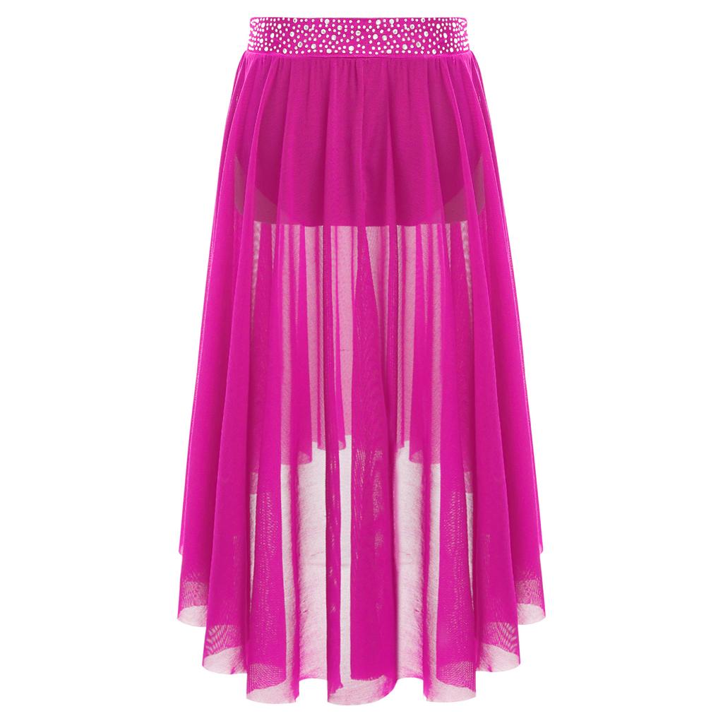 Юбка для лирического танца для девочек с блестящим поясом из стразов, сетчатая юбка хай-лоу, боковой разрез, современный