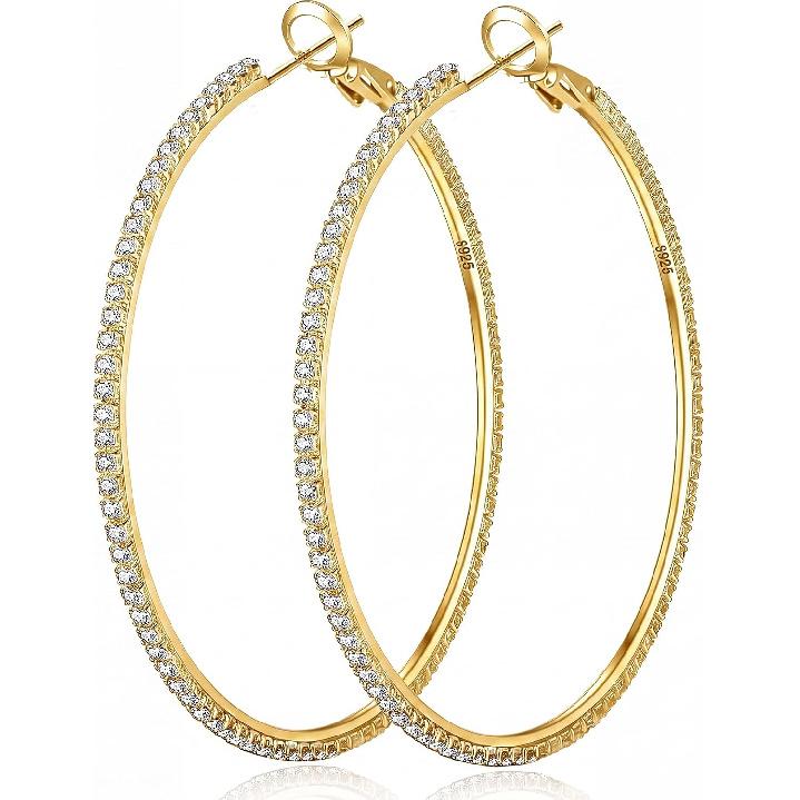 2mm Thin Sterling Silver Hoop Earring Large Rhinestone Hoop Earrings | Hypoallergenic 925 Sterling Silver Hoop Earring Lightweight Cubic Zirconia