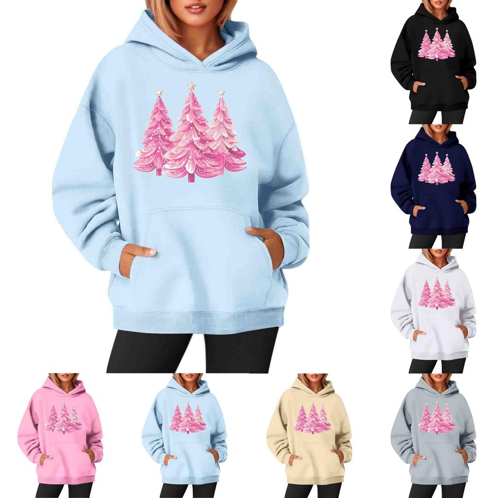 Women's Sweatshirts Round Neck Long Sleeve Christmas Printed Top Solid Color Hoodie