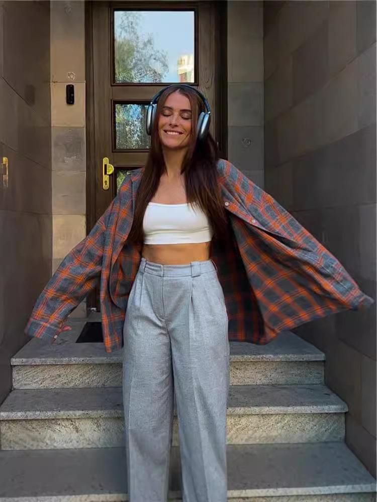 2024 Осень Женская Ретро Клетчатая Рубашка Свободного Отворота С Длинными Рукавами И Карманом