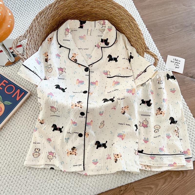 Женский летний комплект пижамы из облачного хлопка - с коротким рукавом, мультяшный принт, больших размеров, корейский стиль, домашняя одежда