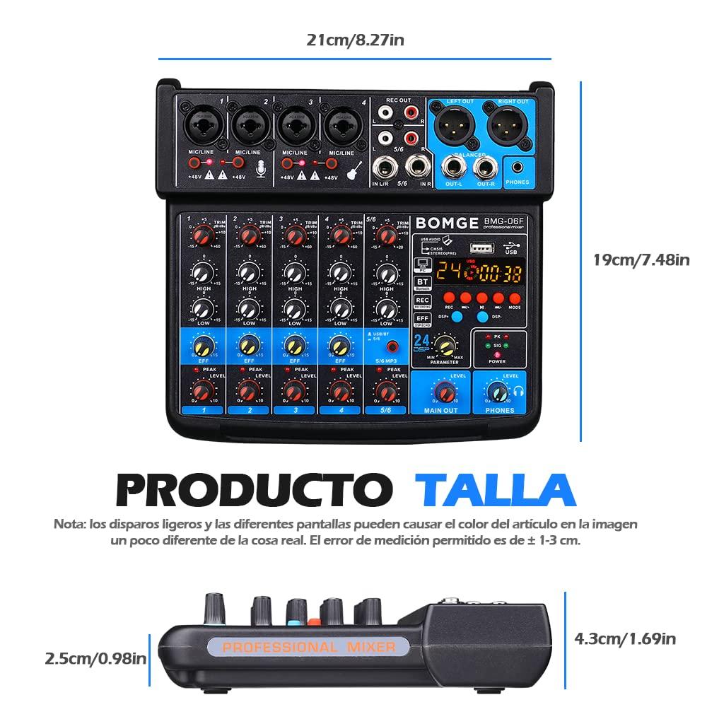 BOMGE 6-канальный мини-аудиомикшер стерео 48 В Phantom 24 DSP эффекты для ПК-консоли записи, USB, Bluetooth, запись, питание, караоке, пение,