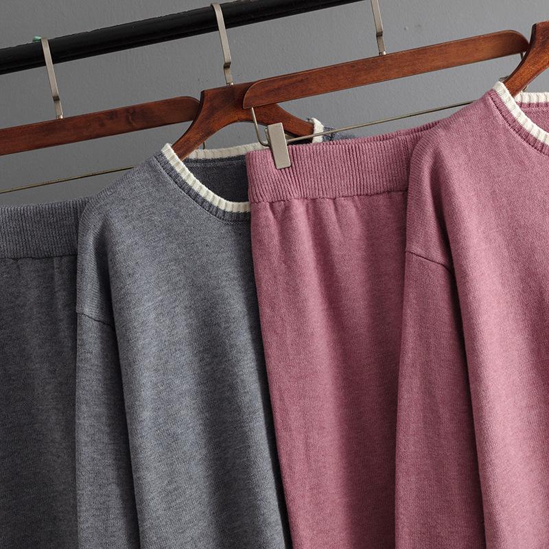 GMXIA Autumn and Winter Style Contrasting Color Round-neck Knitted Sweater Slimming Wide-leg Pants Two-piece Set for Women