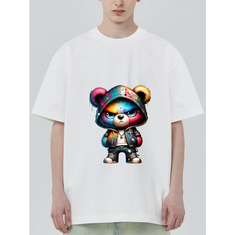 Cute Bear Streetwear T-Shirt Black Colorful Graffiti Bear with Hoodie and Sneakers Urban Fashion Casual Wear for Men and Women