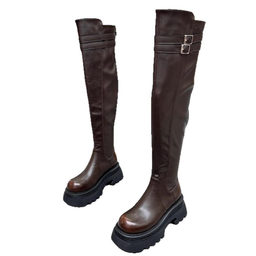 Черные ретро ботинки на высокой платформе женские ковбойские сапоги в западном стиле толстый каблук высокие рыцарские сапоги ботфорты прилив