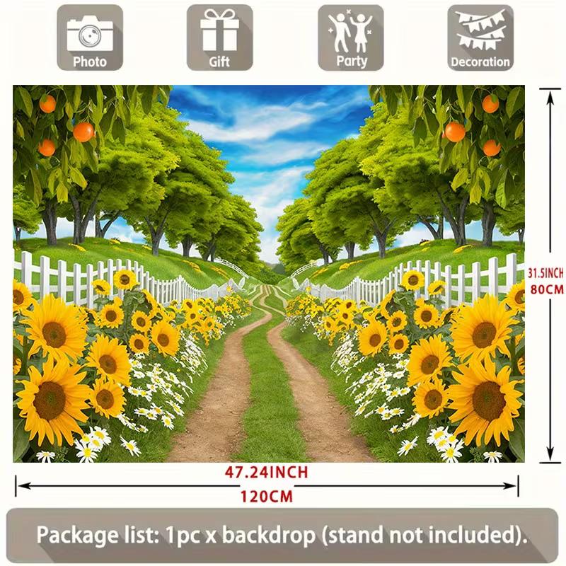 2D Printed Backdrop with Sunflower-Lined Country Road, Green Trees and Orange Orchard