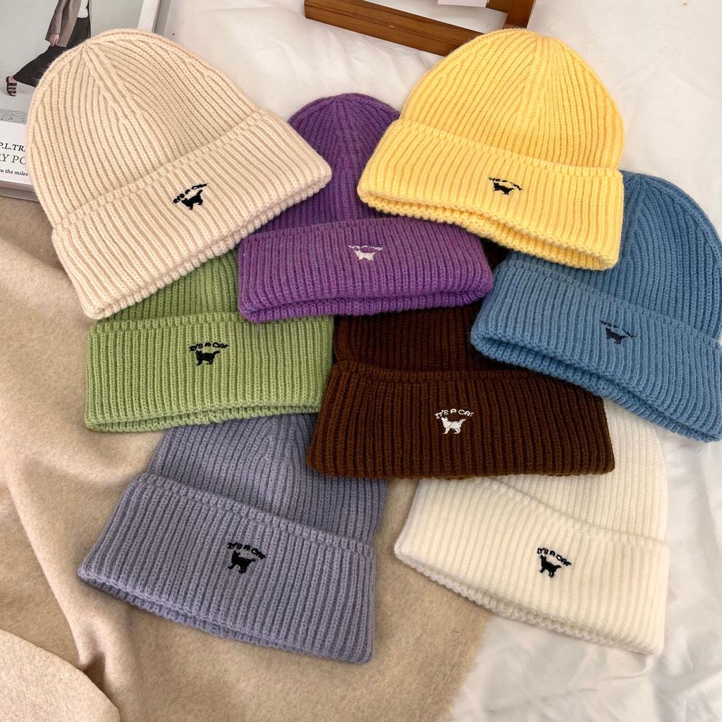 Шапка женская осенне-зимняя универсальная вышитая шапка с изображением котенка большая голова маленькая вязаная шапка модная теплая шерстяная холодная шапка