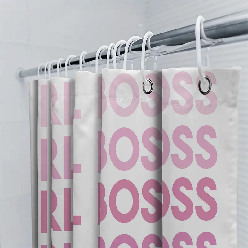 Chic Girl Boss Shower Curtain Set For Bath Decor Gradient Pink Typography Design Durable Fabric Material With Hooks Included