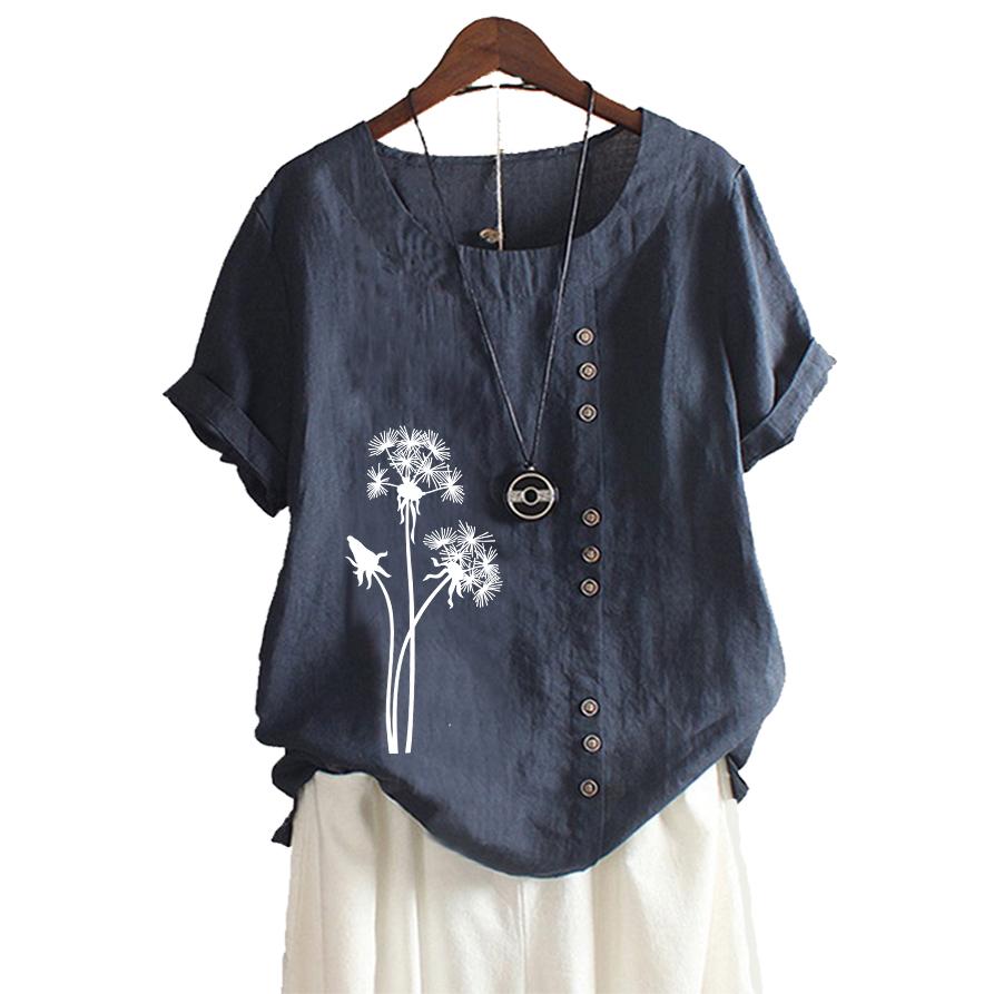 Women Fashion Cotton Linen Blouse Summer&fall Round Neck Short Sleeved Top Laides Casua Floral Print Loose T-shirt