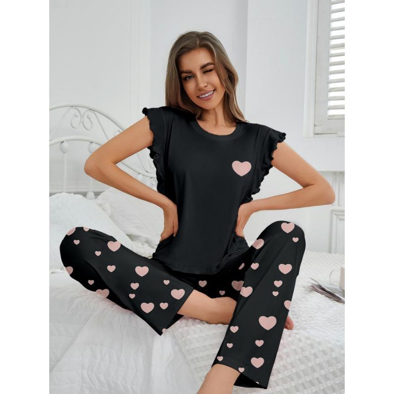 Летняя пижама женская с графическим принтом, комплект пижамы, топы с коротким рукавом и круглым вырезом, брюки с эластичным поясом, женская черная одежда для сна, домашняя одежда, пижама