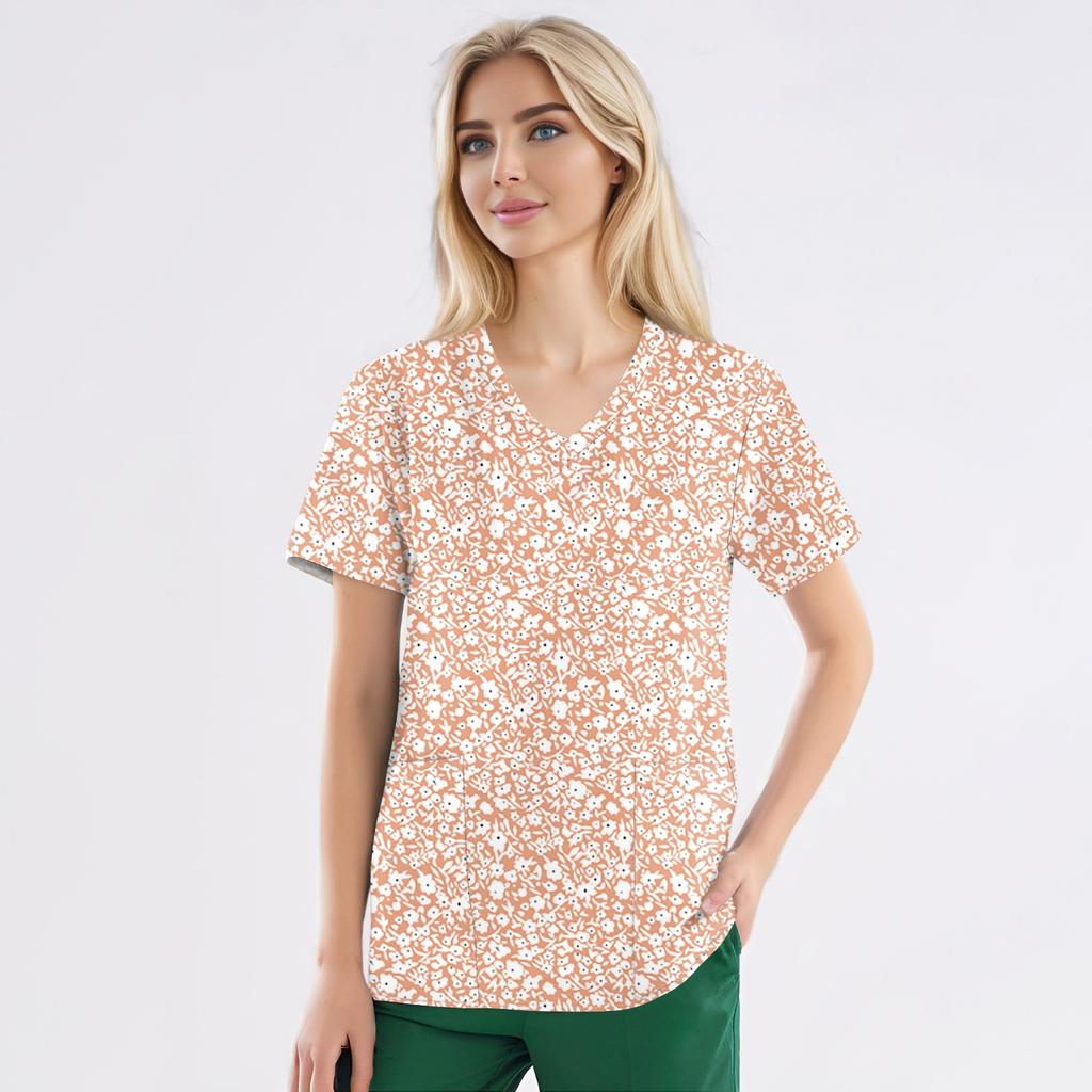 Рабочая форма больших размеров с принтом, топы для женщин, забавные футболки с v-образным вырезом и короткими рукавами, рабочая одежда, футболка с карманами