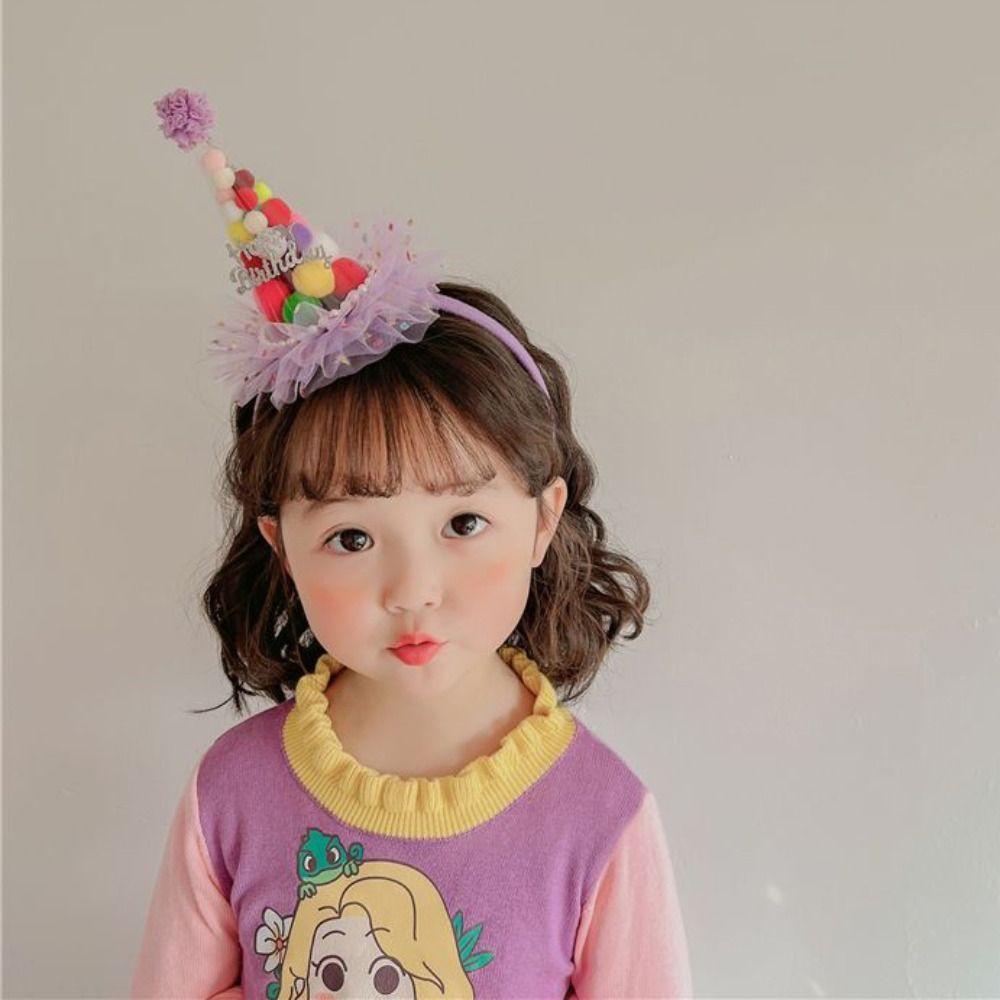 Разноцветная шляпа на день рождения, повязка на голову в корейском стиле, кружевной сетчатый обруч для волос, повязка для волос с днем ​​рождения, детская