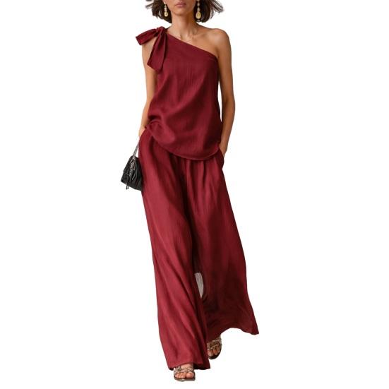 2 Piece Outfits for Women Summer One Shoulder Sleeveless Top And Wide Leg Pants Matching Lounge Set with