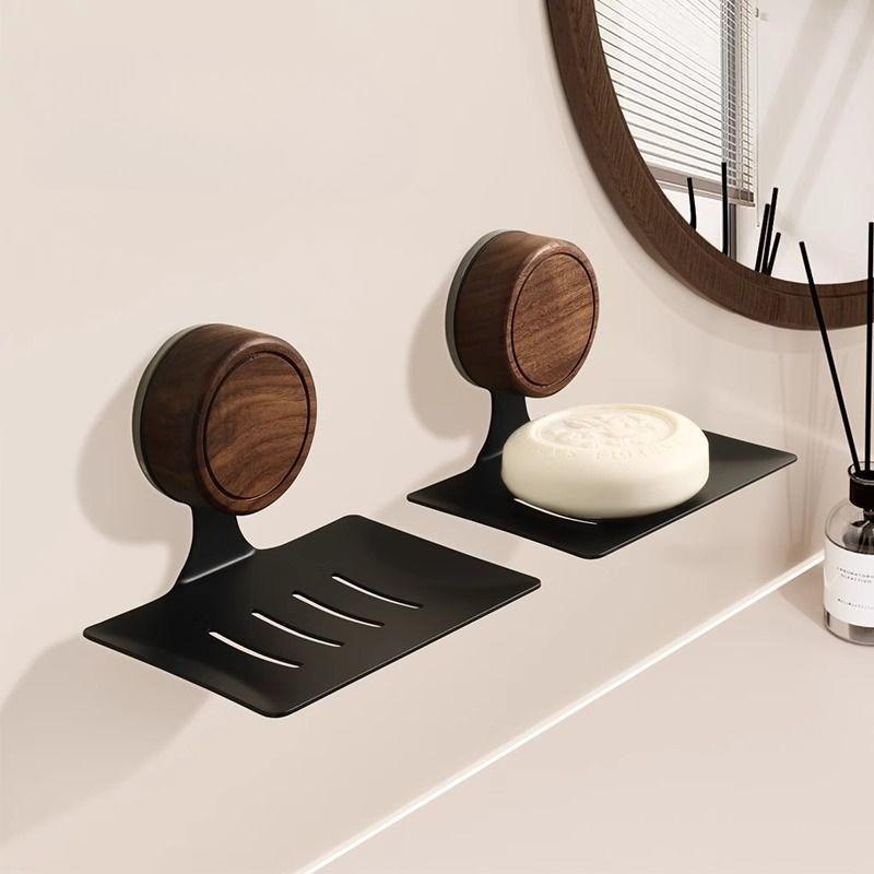 Nordic Style No Need To Drill Holes Wall-mounted Walnut Wood Soap Dish Suction Cup Soap Box Bathroom Toilet Draining Soap Rack