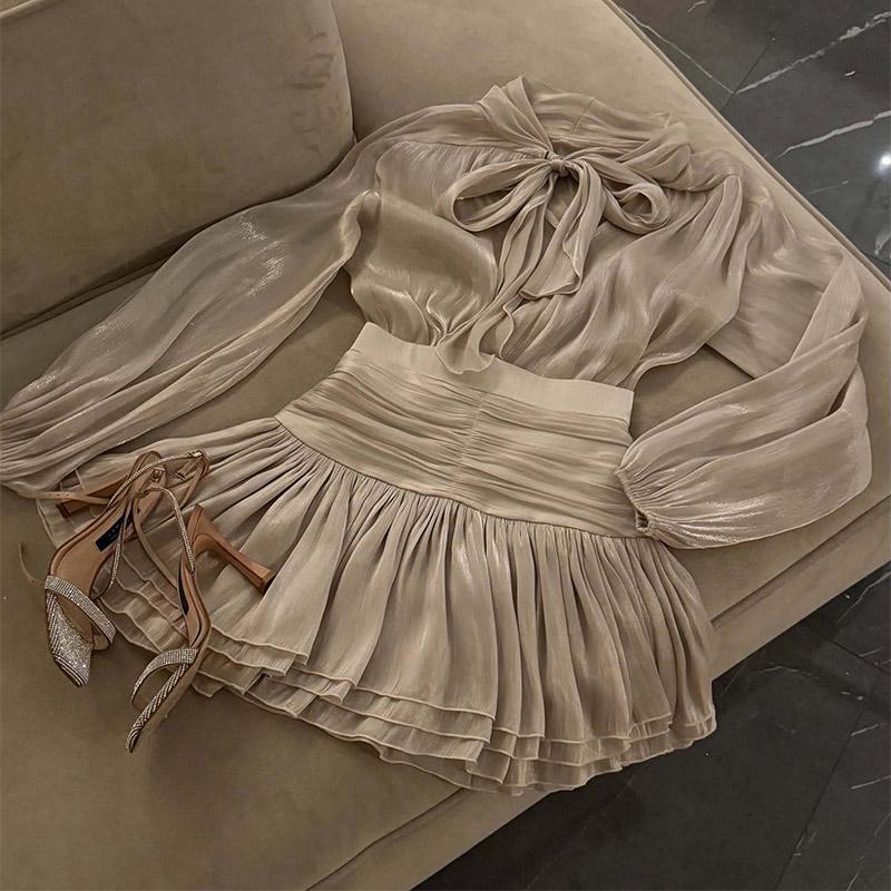 Шикарный бант-топ юбка костюмы женские шнуровка О-образный вырез рукав фонарь блузки высокая талия милая плиссированная юбка весна новый комплект из 2 предметов