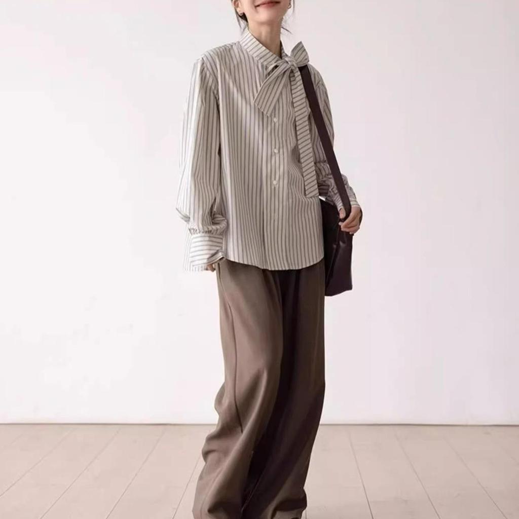 Женская полосатая рубашка с бантом — новая мода весны/осени, стильные длинные рукава, французский стиль, повседневный шик.