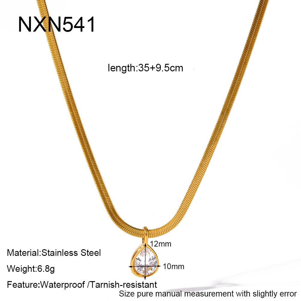 Light luxury ins stainless steel water drop horse eye round zircon pendant necklace flat snake chain women's plated 18k gold collarbone chain