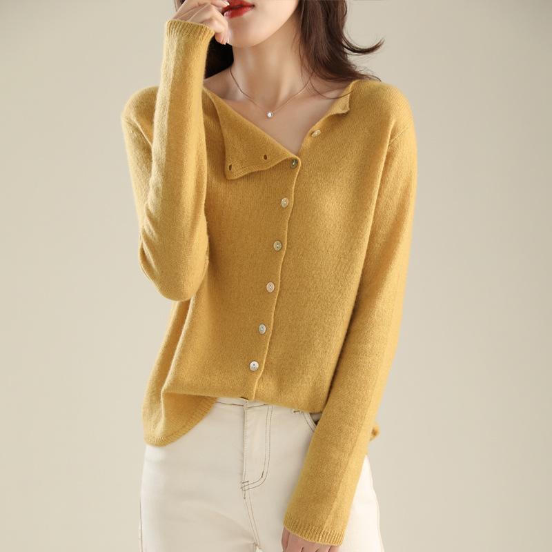 Spring and Autumn New Knitted Sweater Single-breasted Cardigan Women's Low Round Neck Thin Knitted Outer Cover