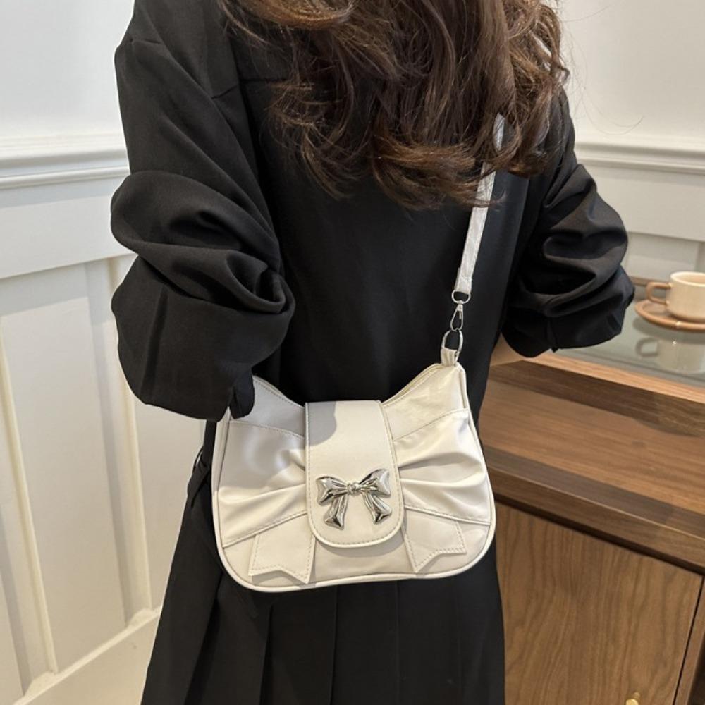 PU Leather Square Pleated Handbag Underarm Bow Armpit Bag Fashion Bowknot Shoulder Bag Work