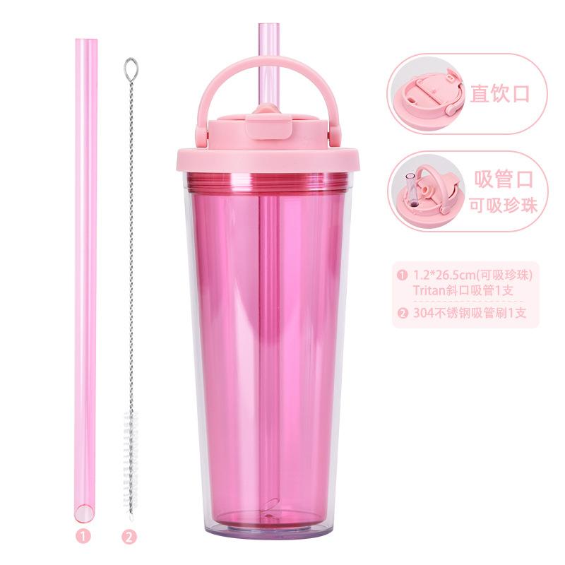 Двухслойный цветной пластиковый стакан с соломинкой, стакан для Bubble Tea с большим отверстием для питья, одна крышка, двойной напиток, портативная ручка, стакан для воды