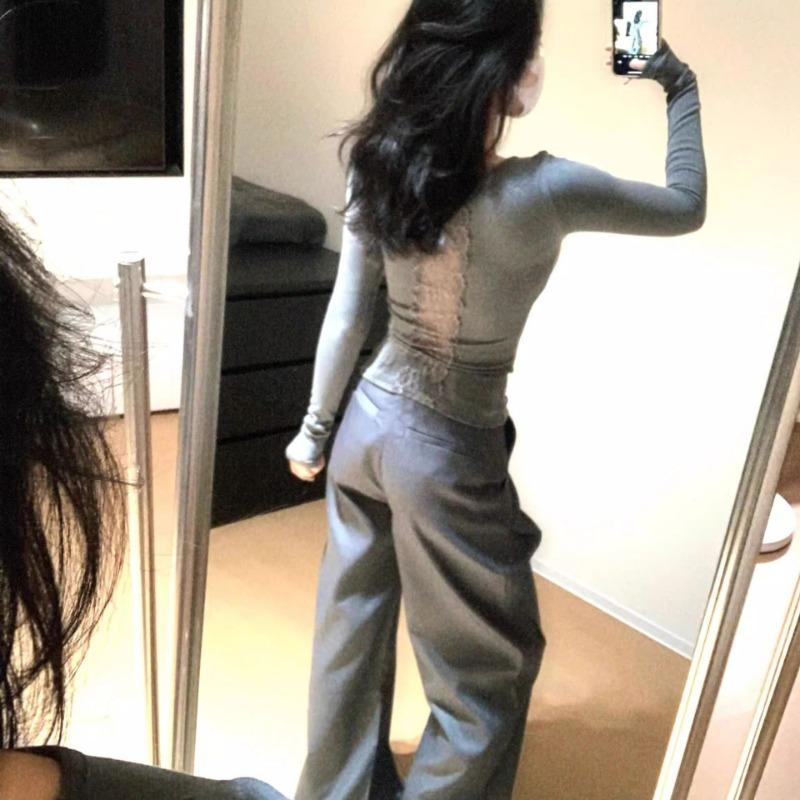 Hong Kong Style Retro Gray Long-sleeved Women's Spring and Autumn New Slim Lace Top
