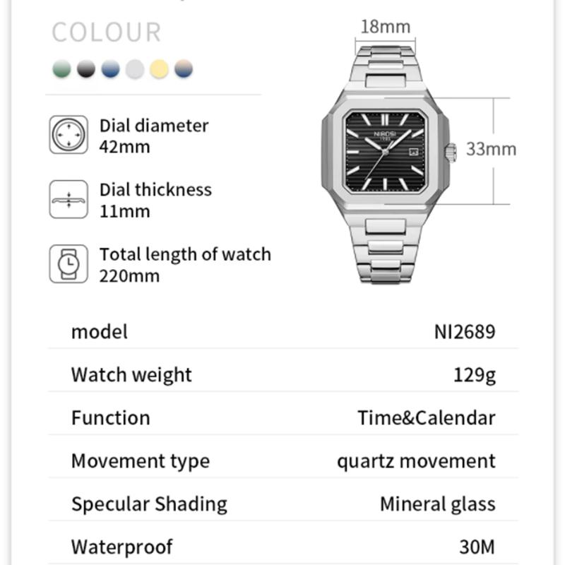 Светящиеся квадратные мужские часы Водонепроницаемые деловые мужские часы Нержавеющая сталь Кварцевые Роскошные мужские часы