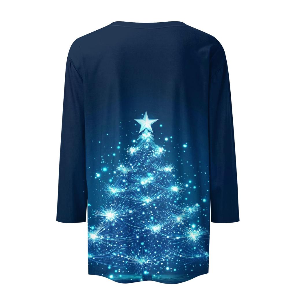 Women's O-Neck 3/4 Sleeve Christmas Print Top