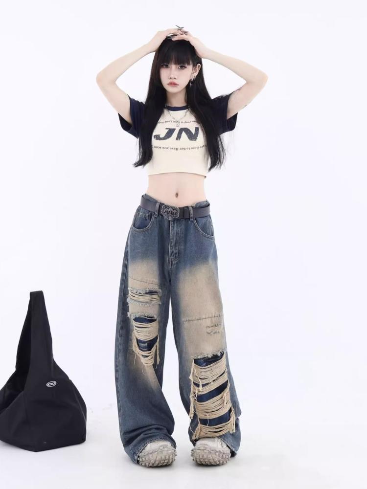 Готические черные джинсы с высокой талией, винтажные женские корейские модные уличные рваные брюки Y2k, женские повседневные широкие джинсовые брюки в стиле Харадзюку
