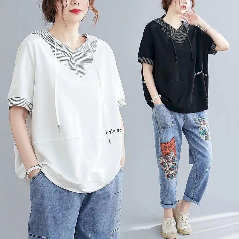 Womens Short-sleeve Hoodies Oversized Loose T-shirt Literary Striped Drawstring Hooded Stitching T-shirt Summer Plus Size