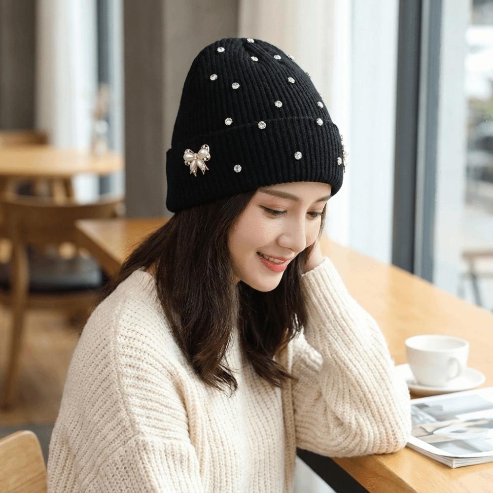 Solid Color Crystal Pearl Bow Beanie Elastic Pullover Hat Casual Knit Hat Women