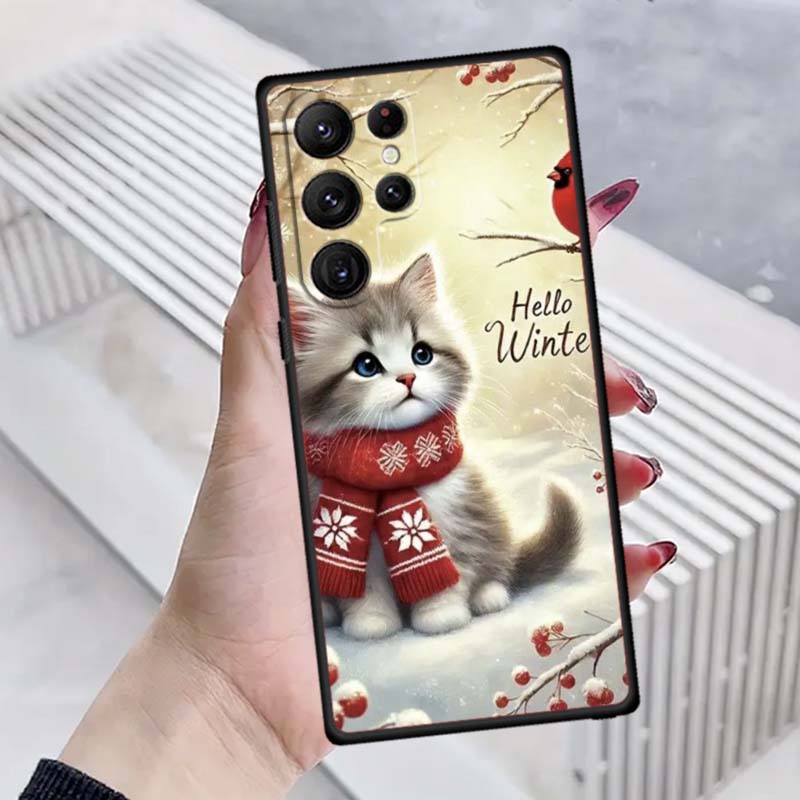 Милая мультяшная кошка Иллюстрация Чехол для телефона Для Samsung Galaxy S26 S25 S24 S23 S22 S21 S20 Ultra Plus FE 5G Черный Мягкий ТПУ