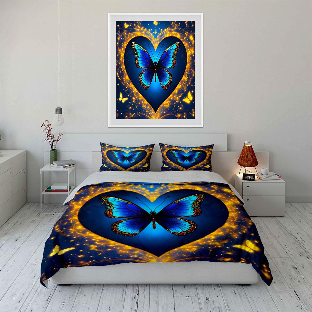 "Blue Butterfly Heart Design Set" Exquisite three-piece bedding set gift for kids and adults
