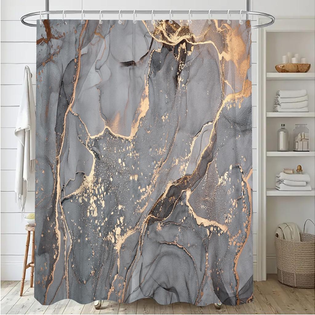 4 шт. серая занавеска для душа с мраморным узором и 12 крючками, водонепроницаемая занавеска из полиэстера для ванной комнаты, набор ковриков для ванной комнаты