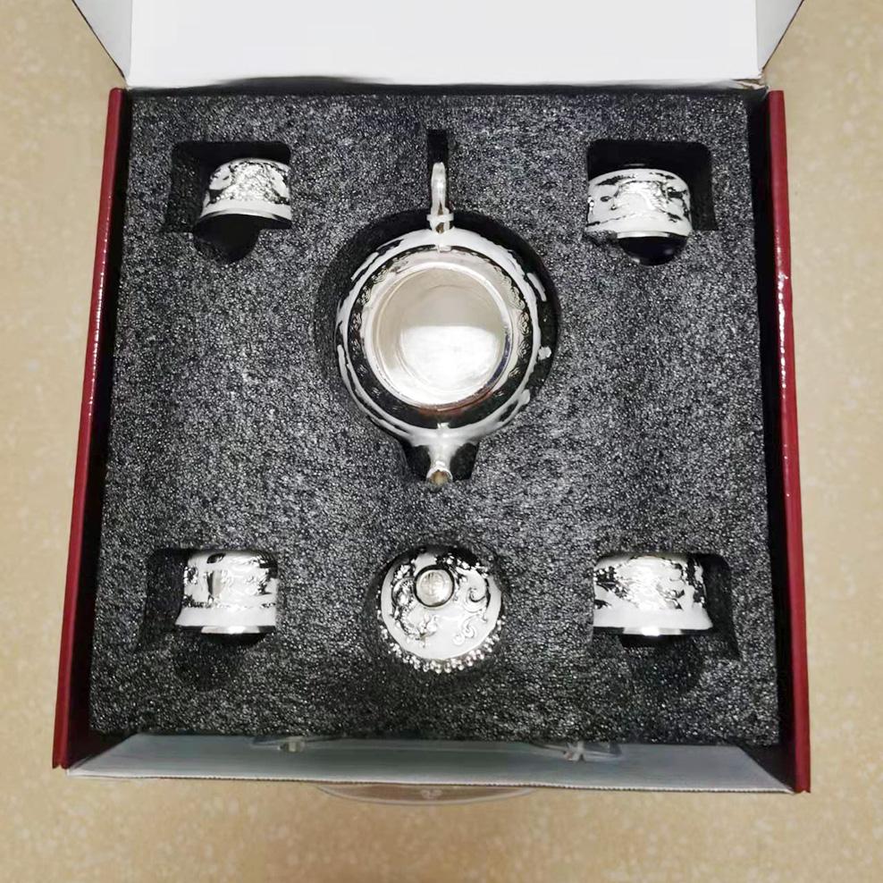 6-piece Set, Chinese Dragon Totem Tea Set, S999 Silver Teapot Tea Cup with Tray, Retro Silver Plated Tea Set, Home Ornaments