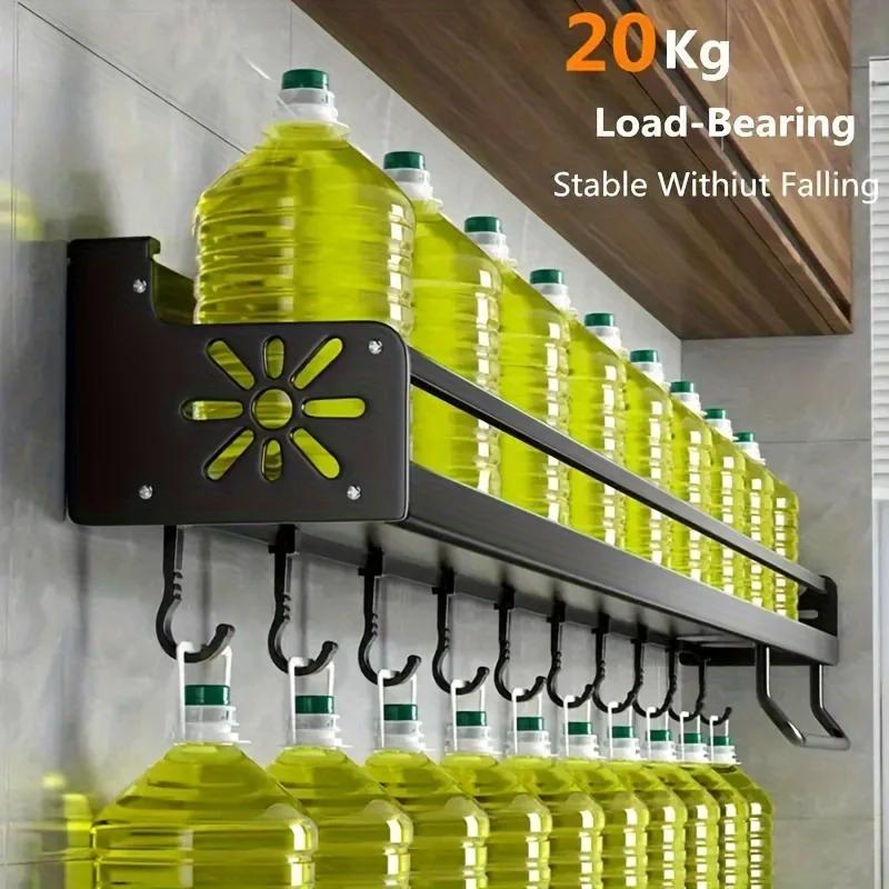 1pc Kitchen Wall-mounted Spice Storage Rack With Hooks, Hanging Tableware & Utensils Holder, Household Storage Organizer