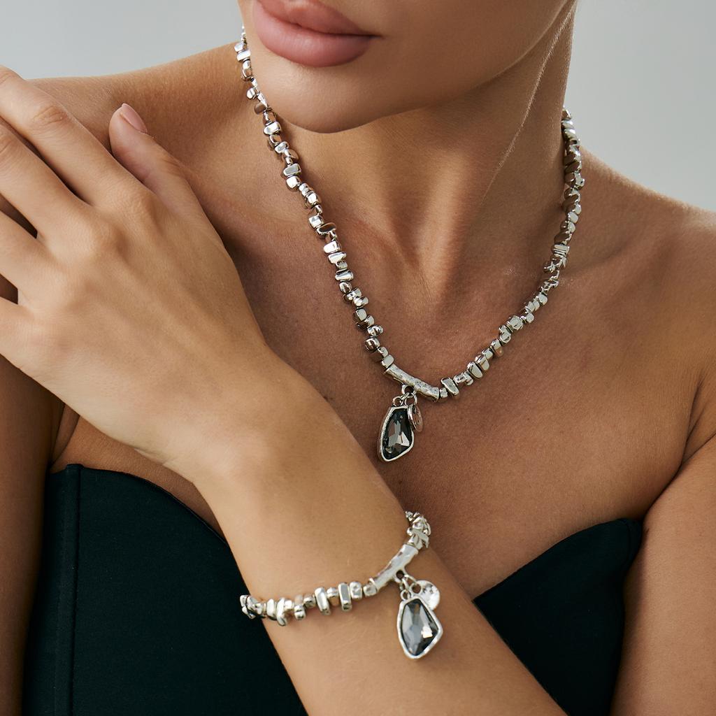 SHIXIN Elegant Sparkling Rhinestone Pendant Necklace Bracelet Jewelry Set for Women Minimalist Irregular CCB Bead Chain Choker